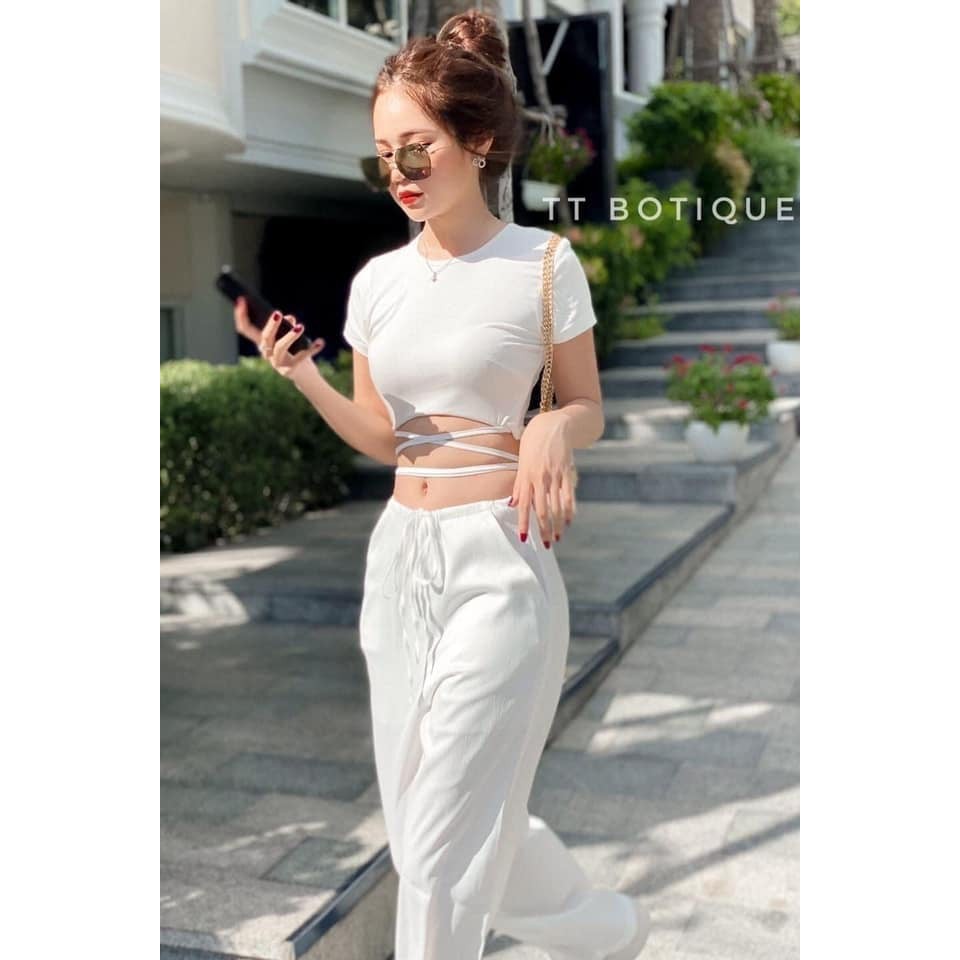 [C85] Áo thun croptop cộc tay nữ buộc dây eo sexy - Áo croptop phông thiết kế dây buộc eo điệu đà Ulzzang