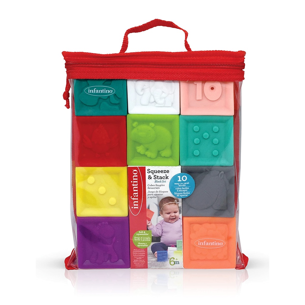 Set đồ chơi 10 hình khối sắc màu hình thù khác nhau infantino Squeeze & Stack Block Set