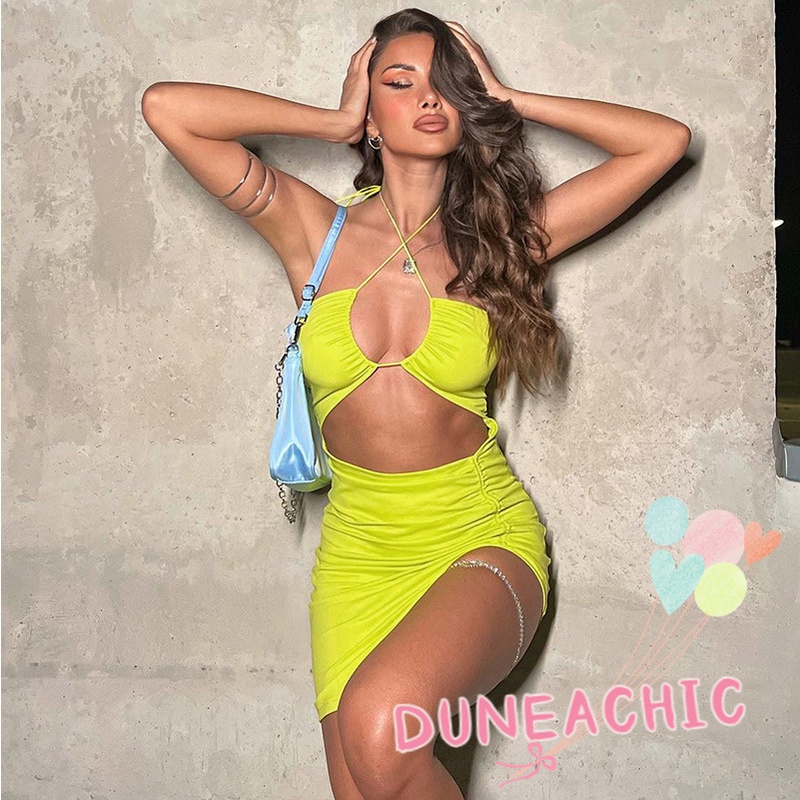 DUNEA Đầm Dây Xếp Ly Hở Lưng Xẻ Tà Kiểu Đường Phố Gợi Cảm Cho Nữ