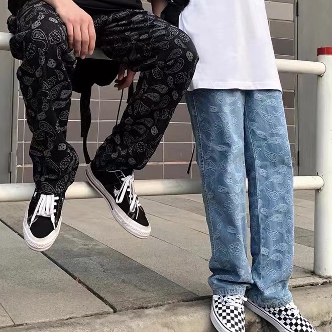 Quần jean nam ống rộng in hoa phong cách Hàn Quốc cho và nữ size S-3XL bigsize fashion quần bò nam simple quần dài ống đứng