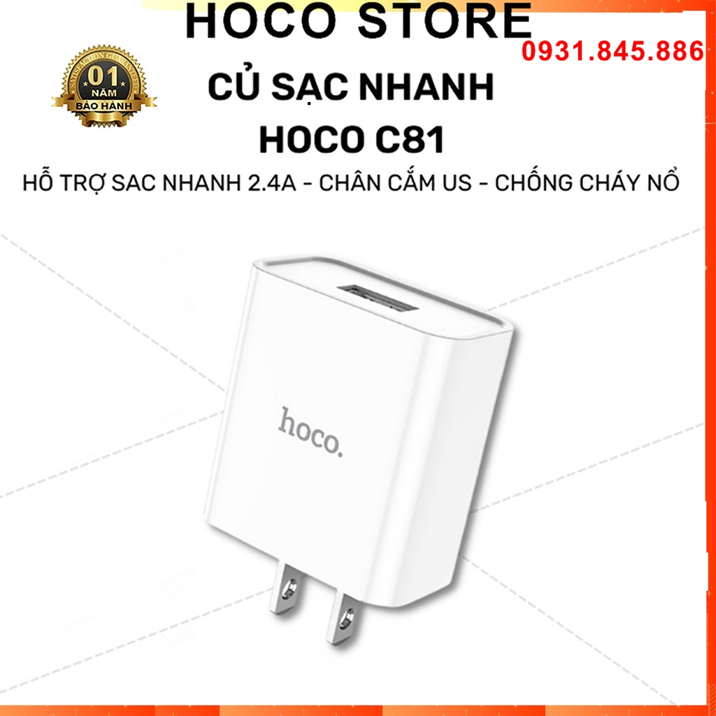 ⚡Mới⚡CỐC SẠC/CỦ SẠC NHANH Siêu Bền Hoco C81 1 USB Cho Điện Thoại IP SS Huawei Xiaomi Oppo Chính Hãng