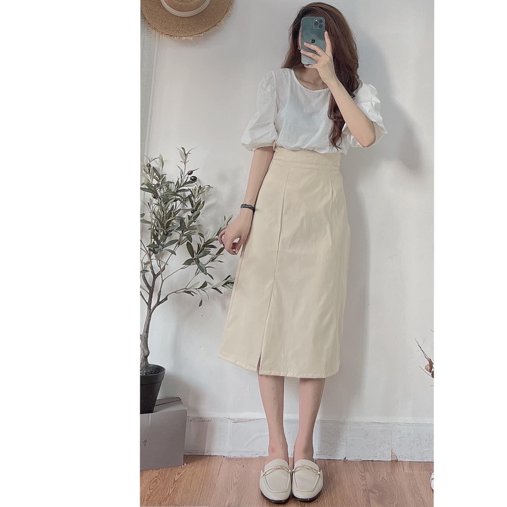Set chân váy kaki dáng dài xẻ tà kèm áo babydoll tay bồng