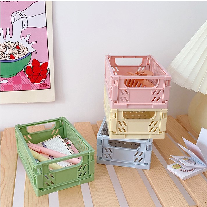 Giỏ nhựa đựng đồ mỹ phẩm, đồ dùng cá nhân , học tập có thể gấp gọn tiện lợi Rổ đựng đồ để bàn màu sắc đáng yêu size nhỏ