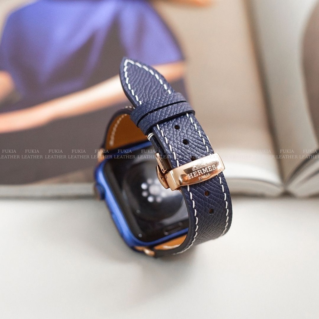 Dây da thủ công Epsom Xanh Navy Chỉ Trắng dành cho Apple Watch, đồng hồ thông minh, đồng hồ cơ