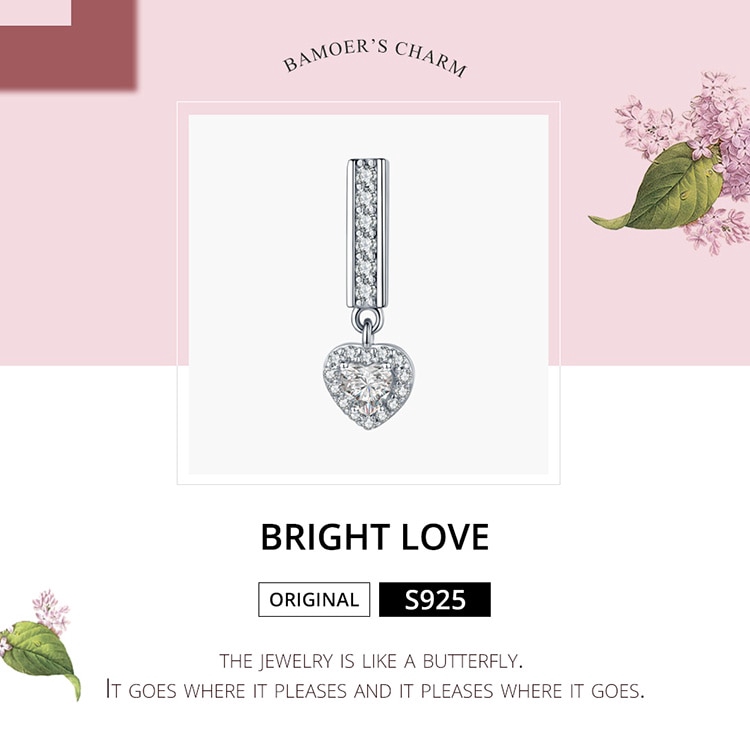 Hạt charm Bamoer SCX109 mạ bạc 925 hình trái tim để làm trang sức cho nữ
