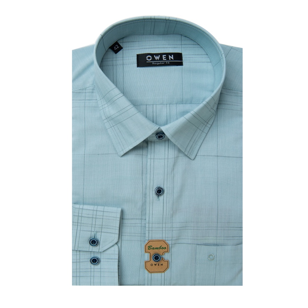 Áo Sơ Mi Nam Dài Tay OWEN AR220788DT Somi Công Sở Vải Sợi Tre Cao Cấp Nền xanh mint kẻ caro rêu Dáng Regular Fit Tà Lượn