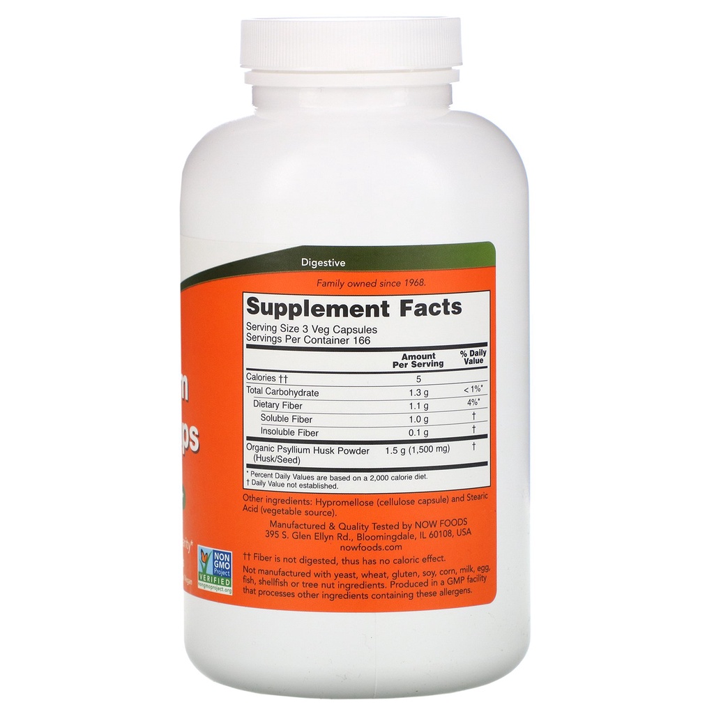 Thực Phẩm Bổ Sung Chất Xơ Now Psyllium Husk Caps, 500mg - 500 viên