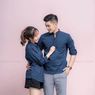 Áo sơ mi đôi, sơ mi nam nữ cổ Tàu nửa cúc