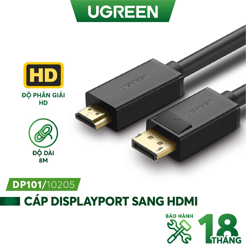 Dây cáp DisplayPort sang HDMI hỗ trợ phân giải 1920x1200 UGREEN DP101 - Hàng phân phối chính hãng - Bảo hành 18 tháng