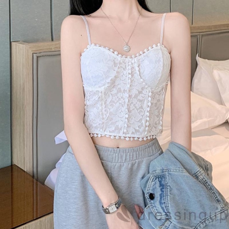 Áo Hai Dây Phối Ren Hoa Màu Trơn Có Đệm Ngực Tháo Rời Màu Đen/Trắng Thời Trang Mùa Hè Cho Nữ nội y xanh chất cực đẹp, sa