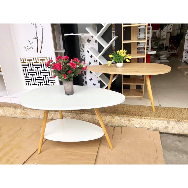 Bàn trà hình trứng chân gỗ sồi 2 tầng thương hiệu IGA GP56