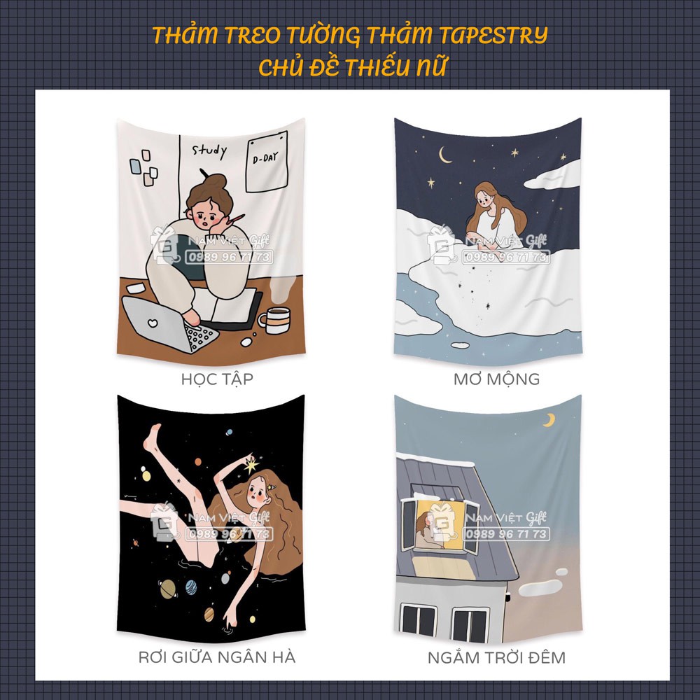 Thảm Treo Tường Tranh Vải Thảm Tapestry Chủ Đề Thiếu Nữ 150cm*130cm Có kèm Đinh kẹp