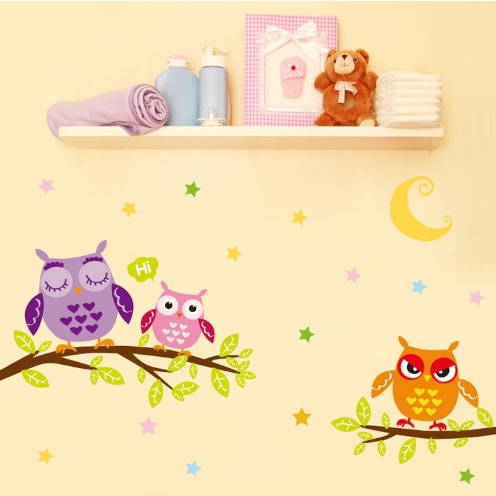 Decal trang trí tường - 3 chú cú sắc màu