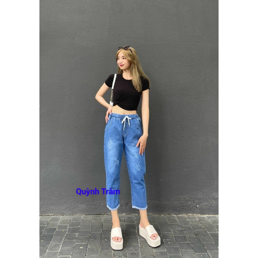 Quần jean baggy nữ mẫu cào xước lưng thun lật lai