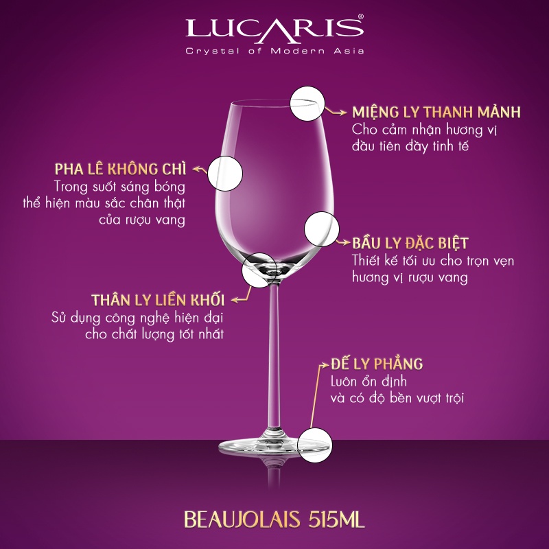 Bộ 6 Ly Uống Rượu Vang Đỏ Pha Lê Cao Cấp Lucaris Beaujolais 515ml Nhập Khẩu Chính Hãng Không Chứa Chì - Shanghai S03BJ18