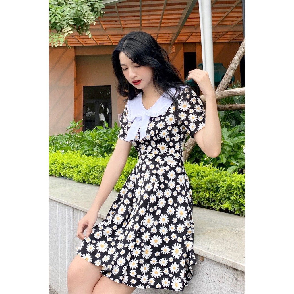 [Mã WABRWA15 giảm 15% đơn 300K] Đầm xòe họa tiết hoa hướng dương tay ngắn đính nơ cổ 20AGIAN DEW0438 | BigBuy360 - bigbuy360.vn