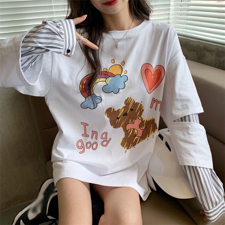 Áo Thun Tay Dài Kẻ Sọc Giả Hai Lớp Phong Cách Hàn Quốc Thời Trang 2022