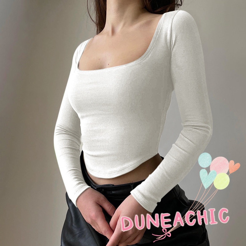 Áo croptop DUNEA dệt kim tay dài cổ vuông màu trơn xinh xắn thời trang cho nữ