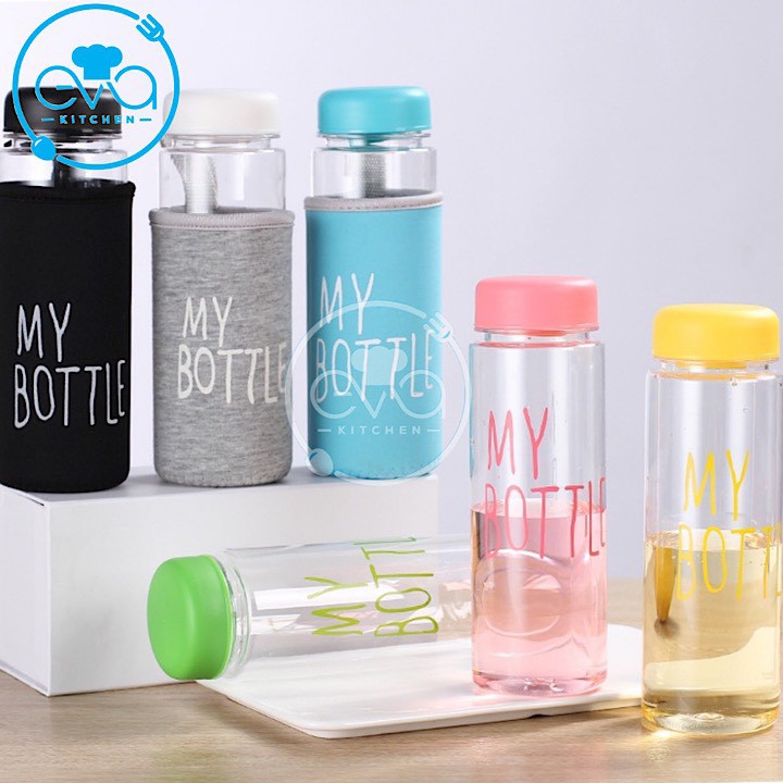 Bình Nước Thủy Tinh In Chữ My Bottle Kèm Vỏ Bọc Vải Neoprene Và Túi Vải Dây Rút Nhiều Màu 500ml