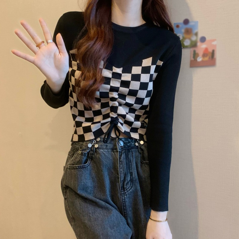 Áo croptop dệt kim tay dài dáng ôm phối dây rút trước họa tiết kẻ sọc thời trang mùa thu quyến rũ cho nữ