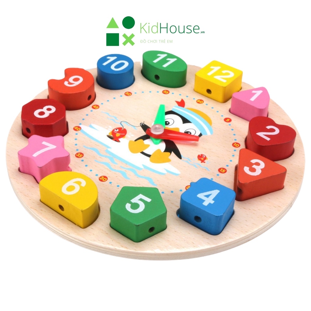 Đồ chơi gỗ montessori đồng hồ hình khối chim cánh cụt thông minh giúp bé học tập KidHouse.vn