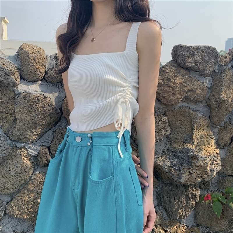 Áo Hai Dây Dệt Kim Dáng Ôm Phối Dây Rút Thời Trang Xuân Thu Phong Cách Phương Tây Cho Nữ