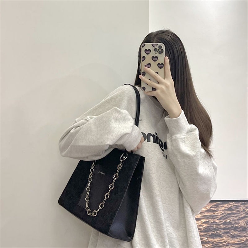Túi Tote Xách Tay Đeo Vai Màu Đen Kích Cỡ Lớn Dễ Phối Đồ