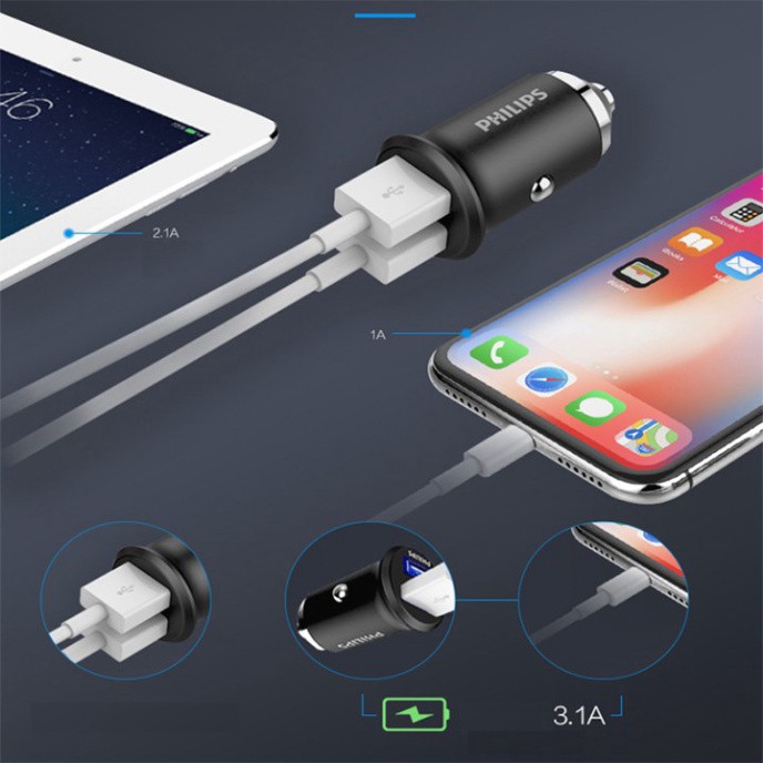 Sản Phẩm Tẩu sạc trên ô tô, xe hơi cao cấp thương hiệu Philips: Mã DLP3520N .
