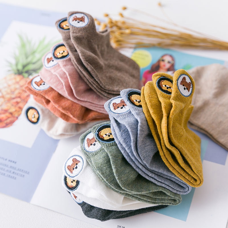 Cotton Animal Pattern Women Ankle Socks Spring Cute Cartoon Dog Embroidery Decor Students Girls Socks Kawaii Happy Art Socks