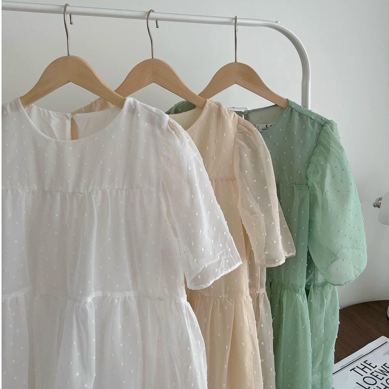 Váy babydoll dáng dài, đầm nữ cộc tay phom rộng dáng suông họa tiết chấm bi 2 lớp freesize  hàn quốc Wikishop C1031