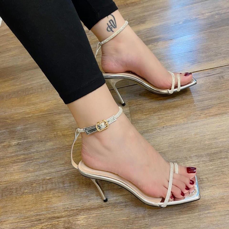 Sandal xỏ ngón đính đá phối dây gót nhọn 9p