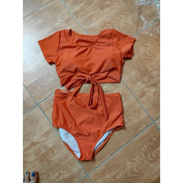 [ LOẠI ĐẸP] Đồ bơi nữ đi biển, bikini hai mảnh cam đất tay ngắn kín đáo