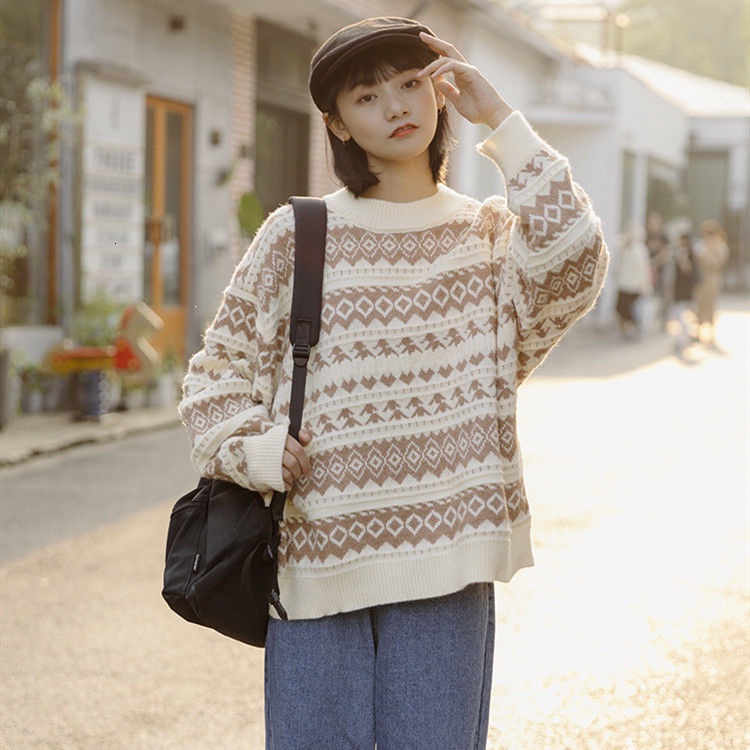 Áo sweater tay dài cổ tròn dáng rộng thời trang xinh xắn cho nữ