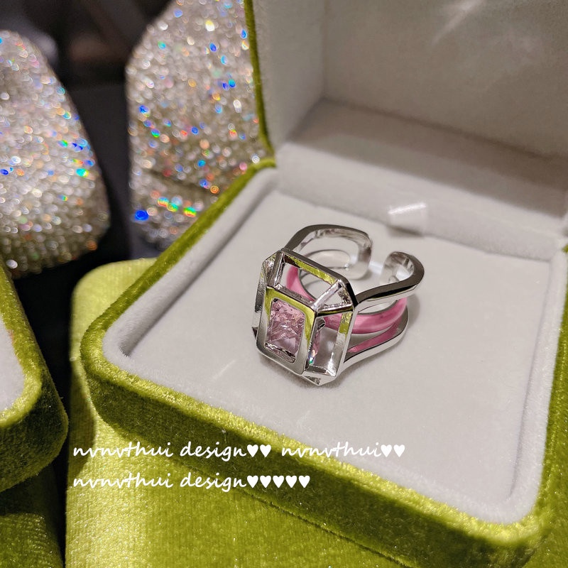 Princess pink gemstone ring 18K gold plated dark night black zircon three-dimensional flashing diamond open ring adjustable