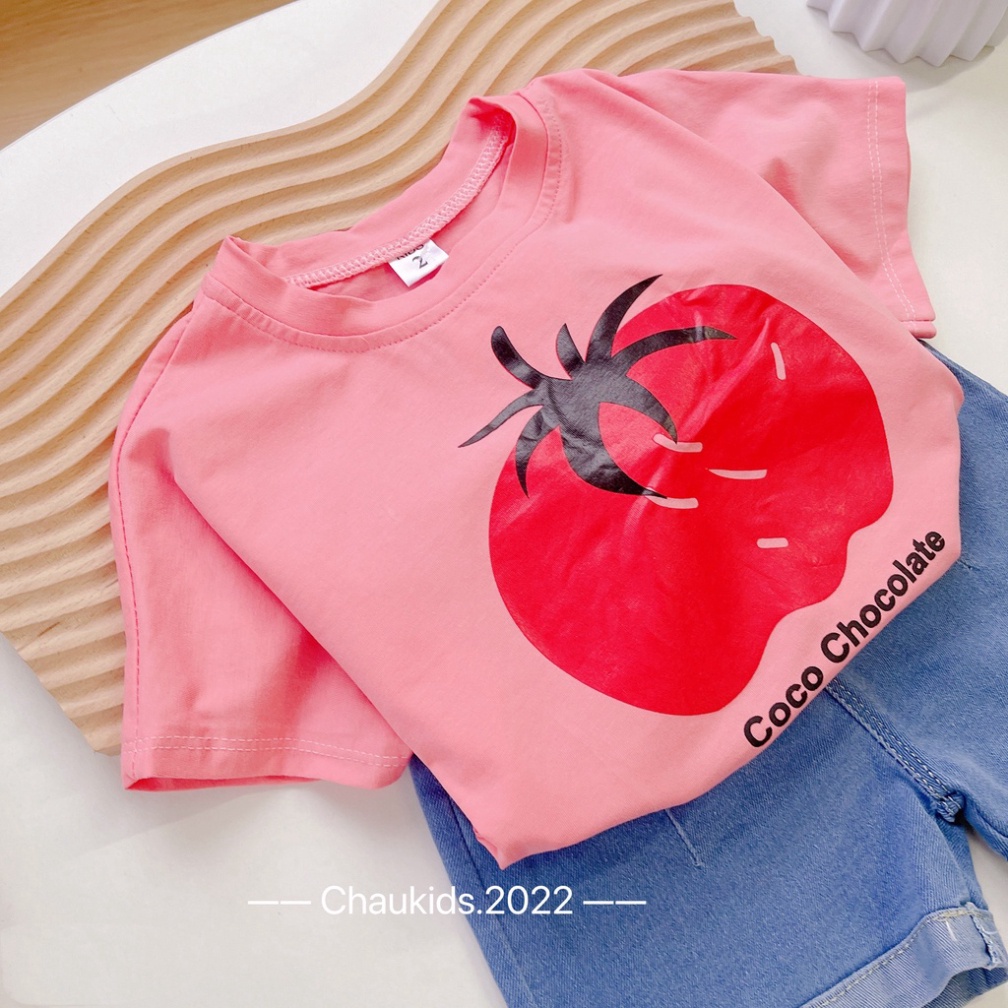 Bộ hè bé gái, bộ cộc tay bé gái áo phông họa tiết cà chua kèm quần short jean bé gái