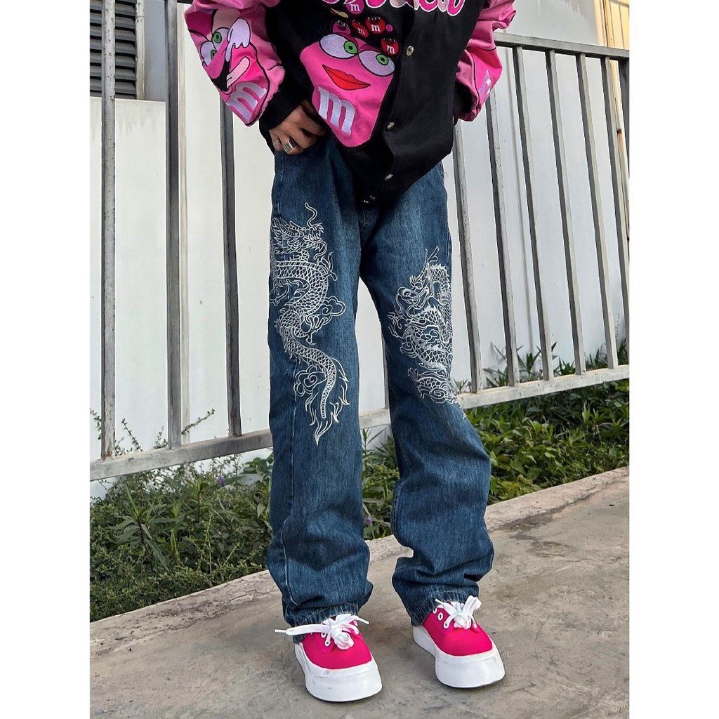 Quần Jeans Thêu Hình Rồng Phong Cách Retro Đường Phố Trung Hoa Dành Cho Nam Giới