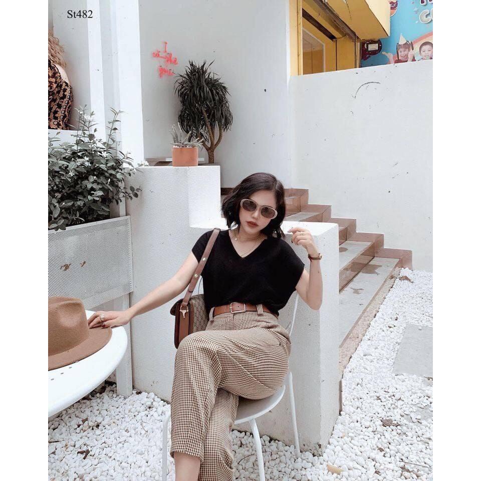 Set Áo Pull Đen Cổ Tim Mix Quần Kẻ Caro Suông [Sale Kịch Sàn] | BigBuy360 - bigbuy360.vn