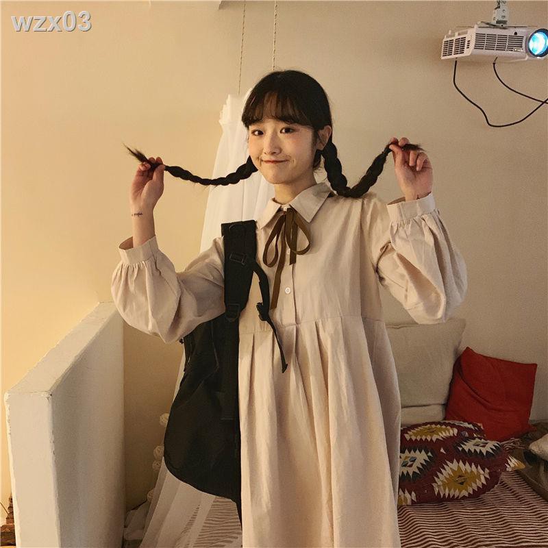 Mùa xuân và thu Hàn Quốc váy nữ học sinh lỏng lẻo mỏng thắt nơ điệu đà áo sơ mi dài tay giữa