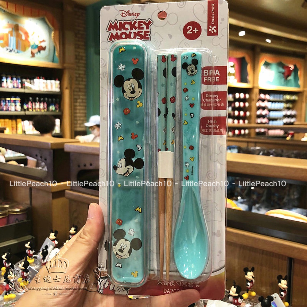 Set đũa muỗng Disney gỗ nhựa kèm hộp trong suốt Frozen Car Mickey Minnie cho trẻ em bé trai gái