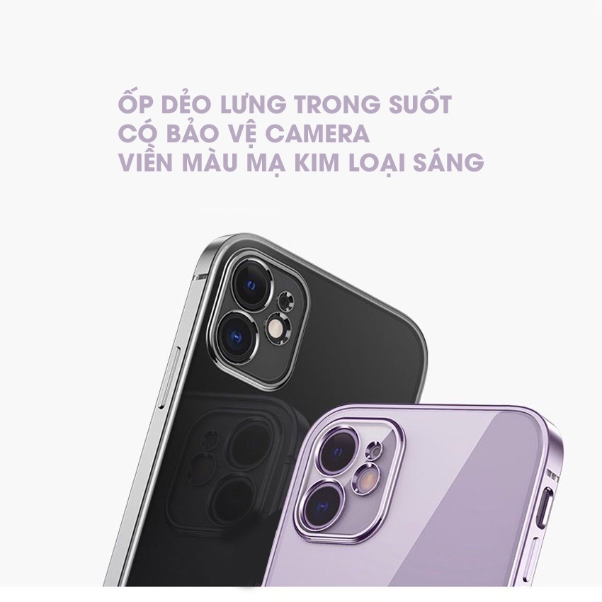 Ốp lưng iphone đẹp dẻo viền vuông mạ xi màu kim sang trọng lưng trong suốt độ 12 13 14 PRO MAX bvc