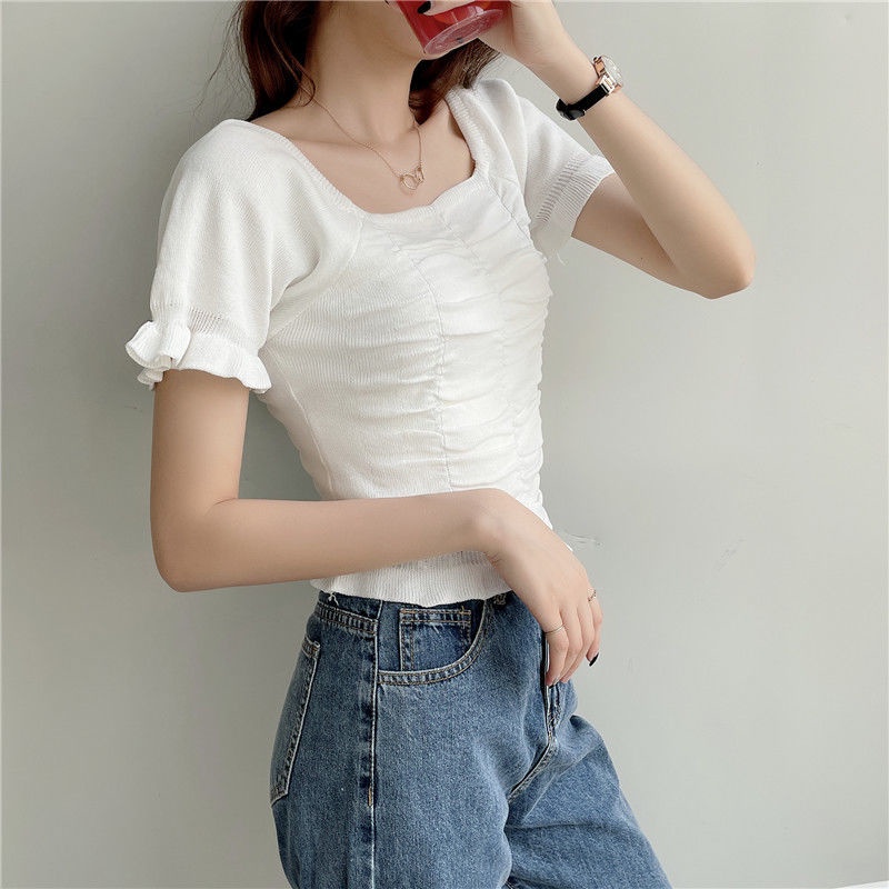 Áo Dệt Kim Ngắn Tay Thời Trang Pháp Xinh Xắn 185245 Áo Thun Tay Ngắn Cổ Vuông Thời Trang Mùa Hè Dành Cho Nữ