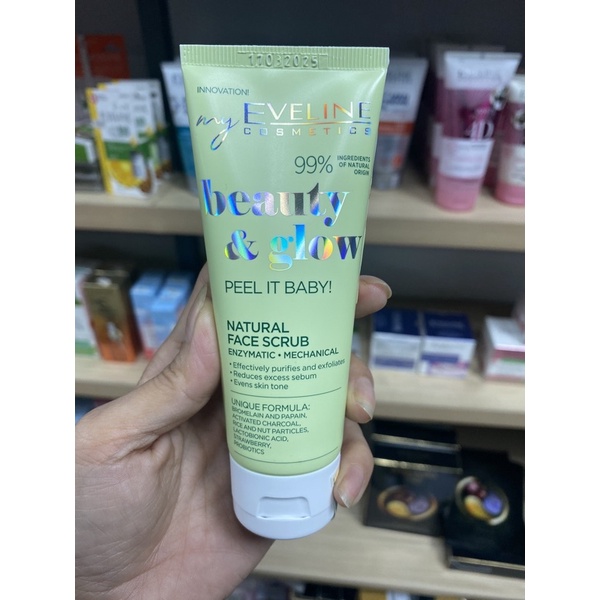 Tẩy da chết Eveline Beauty &amp; Glow làm sáng da với hạt massage và Enzyme tự nhiên 75ML