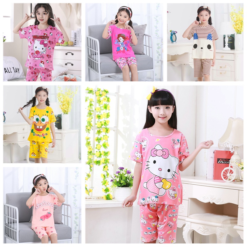 Set Đồ Bộ Ngắn Tay In Hình Mèo Hello Kitty Dễ Thương Dành Cho Các Bé