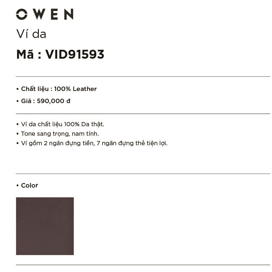 OWEN - Ví da nam Owen VID91593 - Ví dọc - Chất liệu da thật - Màu nâu