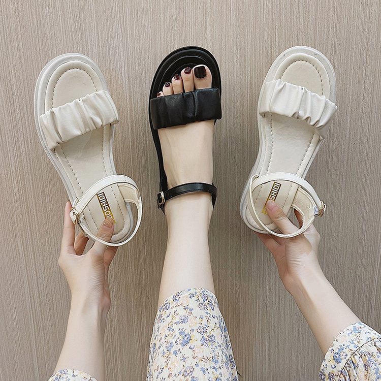 Sandal Nữ Ulzzang Vintage, Dép Quai Hậu Bản Ngang Nhún Đế Cao Su Chống Trơn PU Độn 5cm Quai Gài Hàn Quốc - Iclassy_shoes