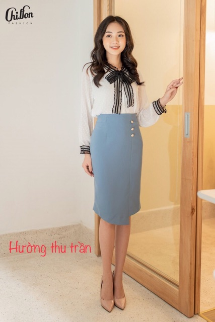 Chân váy bút chì công sở gấu lệch phối 3 cúc, chân váy công sở đẹp cách điệu | BigBuy360 - bigbuy360.vn