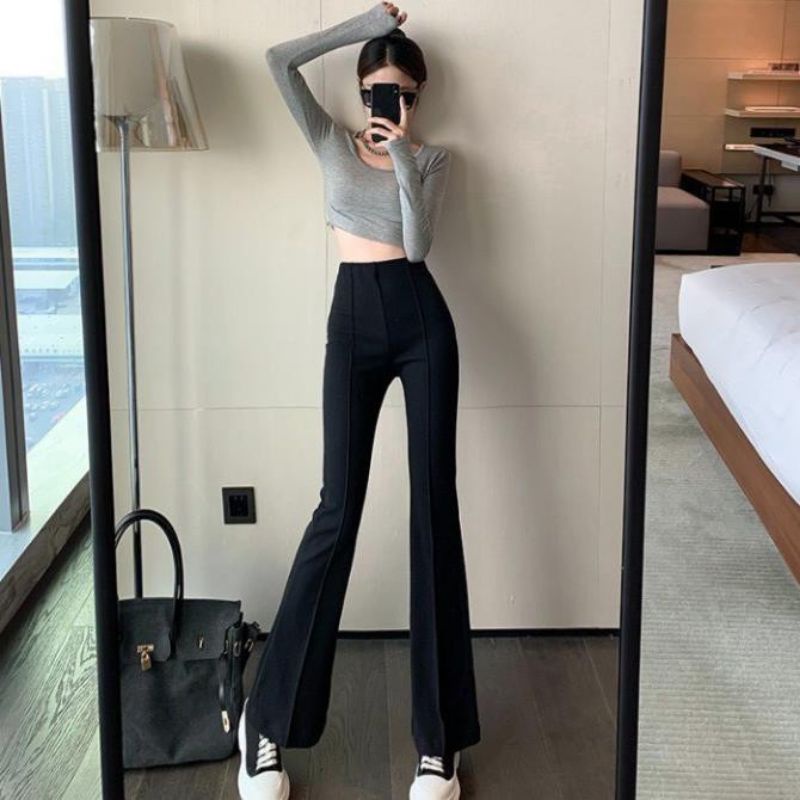 Quần ống loe lưng cao gân trước vải tuyết mưa