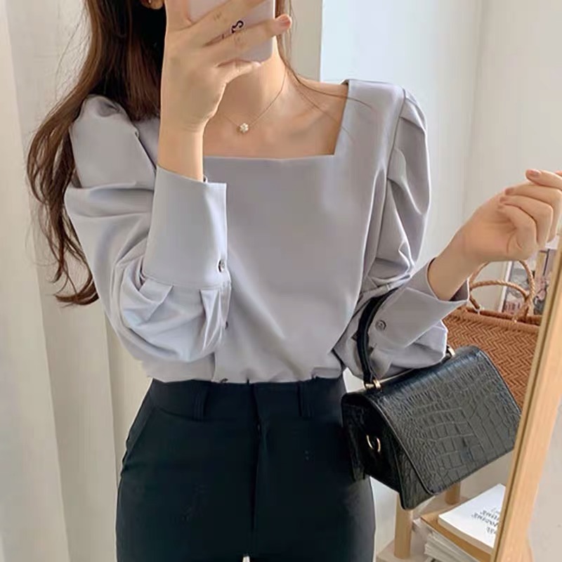 SUXI Áo kiểu tay dài cổ vuông màu trơn rộng rãi phong cách retro Hàn Quốc