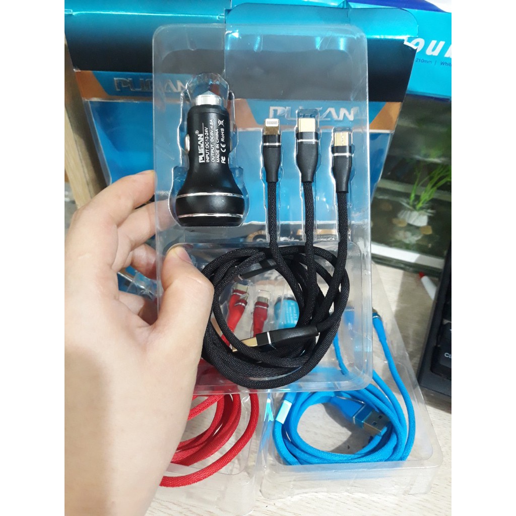 Tẩu Sạc Nhanh Ô Tô PUGAN Kèm Dây Sạc 3 Đầu