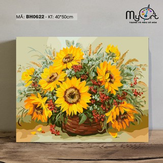Tranh tô màu sơn dầu số hóa - Mã BH0622 Hoa hướng dương DIY Tranh lọ hoa trang trí treo tường làm quà tặng